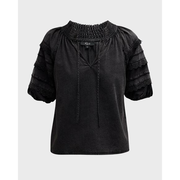 Rails Amity Acid Wash Cotton Puff-Sleeve Blouse Size M - Picture 3 of 9